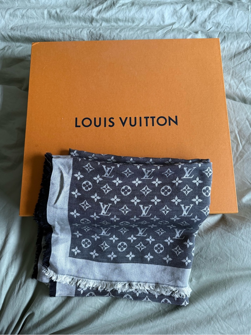 Louis Vuitton Monogram Shawl Scarf - Blue/Gray Denim Style
